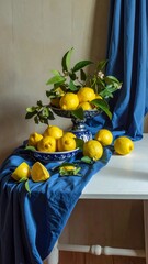 Still life composition of bright yellow lemons in a ceramic bowl and draped cloth