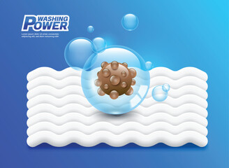 Bubbles in the bleach or detergent are trapping germs or stains or are removing dirt from the fabric fibers, vector 3d illustration on blue background for banner advertising design