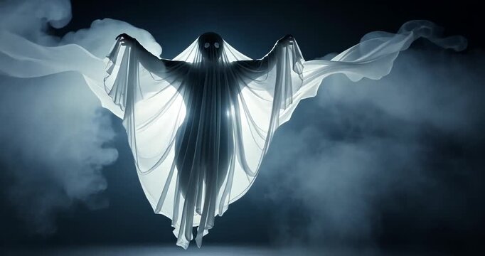 Ethereal ghost figure floating amidst swirling mist in a dark, atmospheric setting