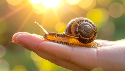 Sunlight illuminates a snail crawling on a gentle human hand