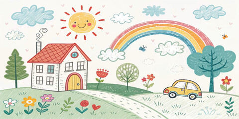 Whimsical hand-drawn doodle seamless pattern with house, rainbow, rocket, flowers, clouds, sun, trees, stars, and car. Cute colorful kids sketch background for fabric, wallpaper, or stationery.