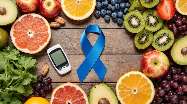 Healthy food assortment with blue ribbon and glucometer