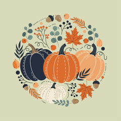Modern Fall Harvest Pumpkin Wreath Vector Illustration - Contemporary Autumn Circular Design with Navy Blue and Orange Palette