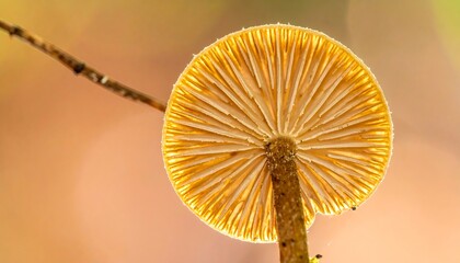 Underside view of a small, illuminated mushroom cap