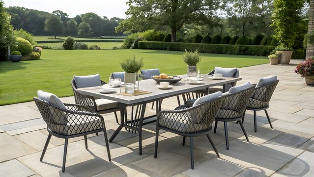 Outdoor dining set with chairs and table in a garden setting