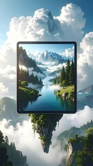 Fototapeta premium Digital landscape display floating amidst picturesque sky and mountains