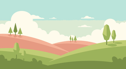 Fototapeta premium Cartoon Landscape with Hills and Trees Illustration, Pastoral Countryside Scene Graphic