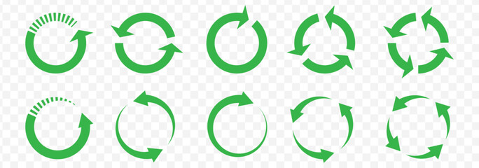 Green circle arrows. Symbol of reload, refresh, loading, recycle and repeat. Interconnecting round arrow vector icons set. Recycle, repeat, refresh icon. Vector illustration. EPS 10. 