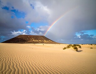 Vibrant rainbow arching over a desert mountain