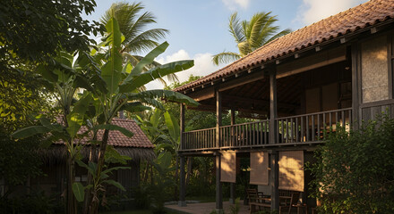A serene view of a traditional bamboo vernacular architecture tropical village house nestled amongst lush greenery, bathed in warm sunlight, evoking a tranquil rustic lifestyle