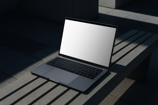 Sleek laptop mockup on outdoor bench png, transparent design