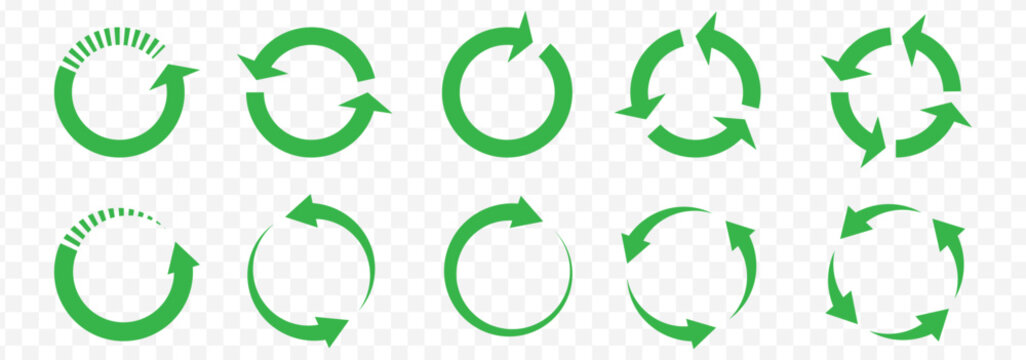 Green circle arrows. Symbol of reload, refresh, loading, recycle and repeat. Interconnecting round arrow vector icons set. Recycle, repeat, refresh icon. Vector illustration. EPS 10. 