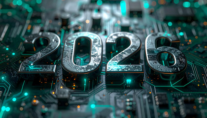 Futuristic metallic numerals "2026" glowing with cyan light against a detailed circuit board background, symbolizing technological advancement and the future.