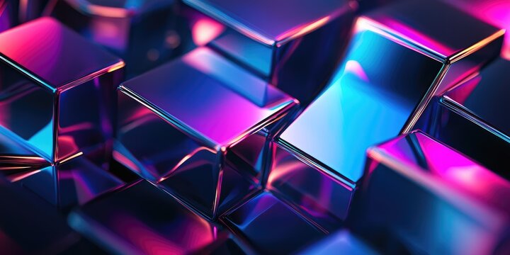 A vibrant, abstract digital art piece featuring metallic cubes with a neon glow, set against a dark background.