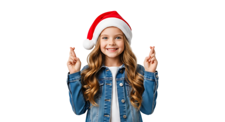 A happy young girl wearing a santa hat and denim jacket, crossing her fingers for good luck, isolated on transparent background