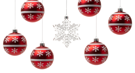 A collection of red christmas ornaments with white snowflake designs and a silver snowflake ornament hanging on a transparent background, isolated on transparent background