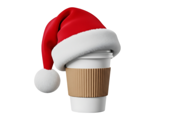 A festive disposable coffee cup adorned with a santa hat, isolated on a transparent background, perfect for holiday promotions and winter greetings