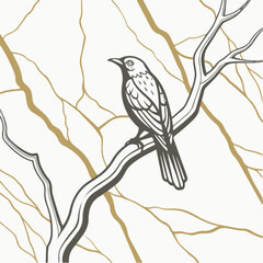 Elegant Bird on Branch Line Art – Minimalist Nature Illustration with Abstract Tree Design