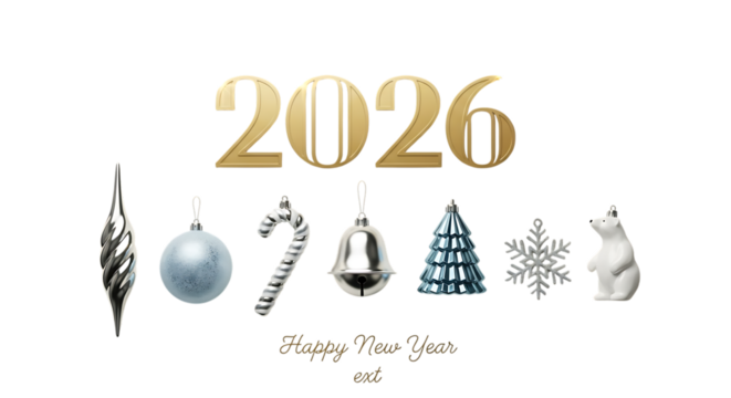 Happy new year 2026 with festive christmas ornaments and decorations isolated on transparent background