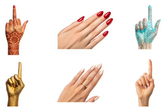 Hands pointing up with diverse styles finger henna