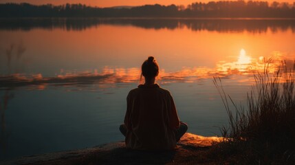 Serene Woman Sitting Cross Legged by Calm Lake During Sunset with Warm Orange Light