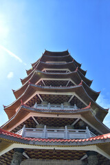 The roof of a pagoda has Chinese architecture with tiered roofs against a backdrop of bright blue clouds.