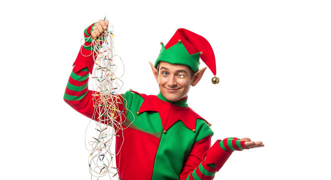 A playful elf in a red and green costume holds a tangled string of christmas lights, looking mischievous against a transparent background