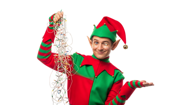 A playful elf in a red and green costume holds a tangled string of christmas lights, looking mischievous against a transparent background
