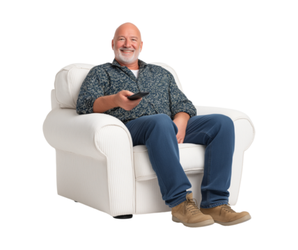 Relaxed Senior Man Watching TV on Comfortable White Armchair isolated on a transparent background