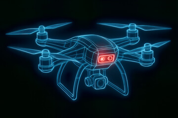 Futuristic blue wireframe drone with camera and glowing lights