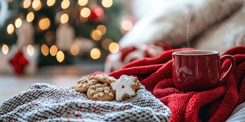 A cozy Christmas scene with a red mug of hot cocoa and cookies on a red blanket, with a blurred Christmas tree in the background.