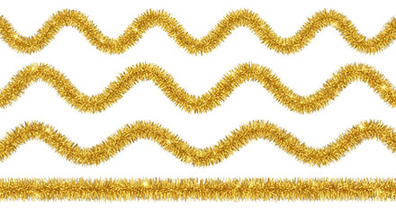 Shiny golden tinsel garland in wavy and straight lines, isolated on transparent background