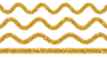 Shiny golden tinsel garland in wavy and straight lines, isolated on transparent background