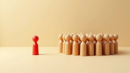 Stand Out: A symbolic image showing a solitary red figure positioned apart from a collective group, representing uniqueness, leadership, and individualism.