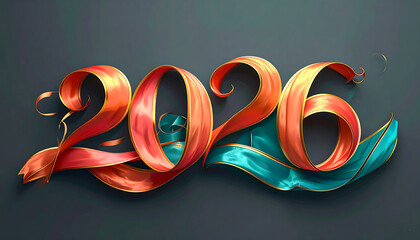 Elegant, flowing ribbon art forms the numbers "2026" with a gradient of warm orange and cool teal hues against a dark, textured background, suggesting celebr...