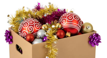 A cardboard box overflowing with festive christmas ornaments, tinsel, and decorations, isolated on a transparent background
