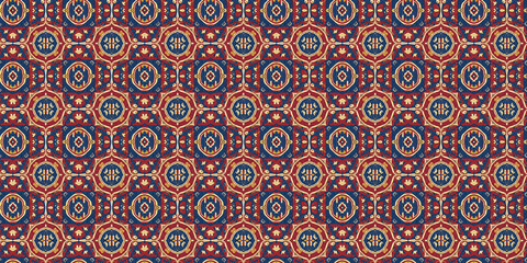 Seamless pattern reflecting Andorran cultural influences, blending Pyrenean mountain folk motifs, Romanesque art patterns, and stylized floral embroidery in warm reds, blues, and golds.