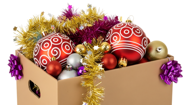 A cardboard box overflowing with festive christmas ornaments, tinsel, and decorations, isolated on a transparent background