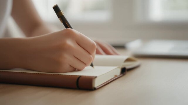 Close up slow motion shot of an unrecognizable hand writing thoughtfully in a journal in a minimalist home office.