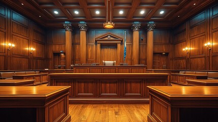 Grand interior view of a courtroom, featuring wood paneling, pillars, and a judge's bench