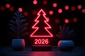 Neon christmas tree outline with 2026 sign and festive red bokeh lights