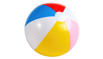 Inflatable beach ball with red, white, blue, pink, and yellow panels, on a stark black background