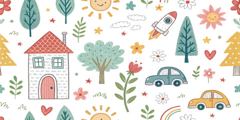 Whimsical hand-drawn doodle seamless pattern with house, rainbow, rocket, flowers, clouds, sun, trees, stars, and car. Cute colorful kids sketch background for fabric, wallpaper, or stationery.