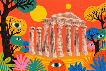 Vibrant abstract temple with colorful trees and surreal eyes