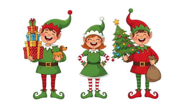Three cheerful cartoon elves dressed in festive christmas outfits, holding gifts, a toy, and a decorated christmas tree, isolated on transparent background