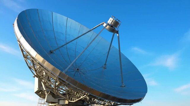 Large parabolic antenna dish, a radio telescope, pointing towards the sky, used for communication.