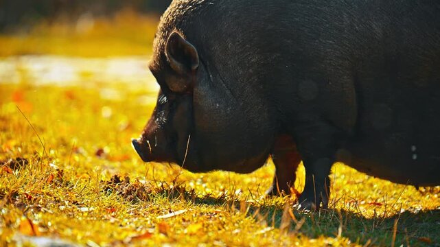 A pig is eating grass in a field. The image has a peaceful and calm mood, as the pig is enjoying its meal in a natural setting