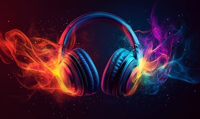 Creative sound wave flow design with headphones, representing music, audio, and entertainment. The colorful, vibrant illustration is perfect for radio artwork, music content, or visual, Generative AI