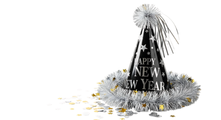A festive black party hat with happy new year text and silver tinsel, isolated on transparent background, surrounded by confetti, perfect for new years eve celebrations and party themes