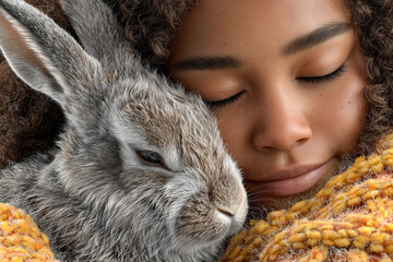 Young woman cuddling with a fluffy rabbit in cozy sweater, eyes closed, peaceful expression
